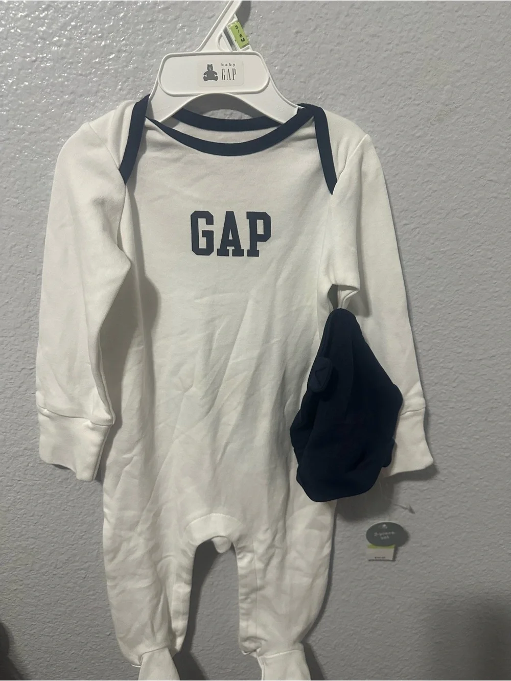 GAP White Footed Pajamas with Navy Trim and Hat